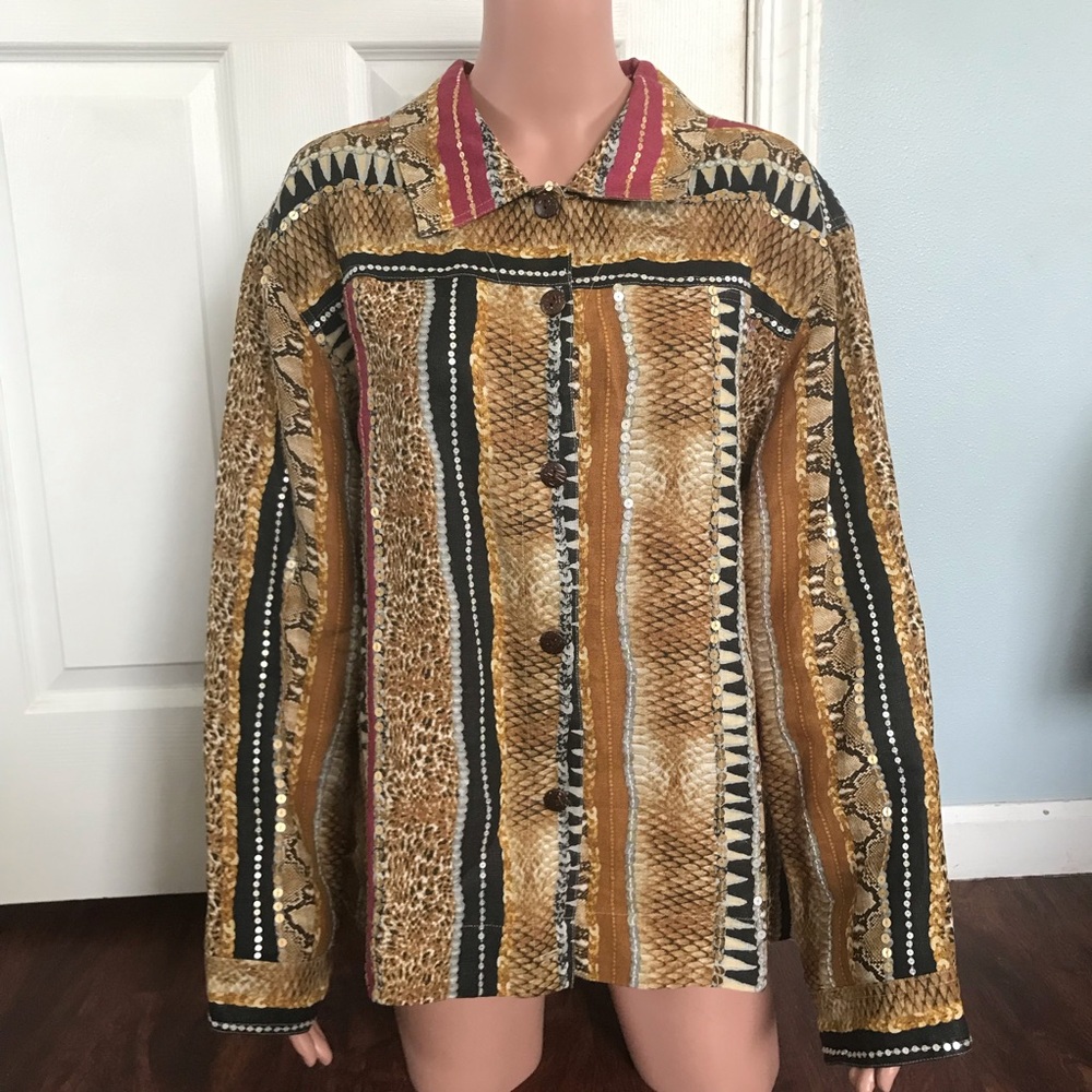 ios Light Jacket Blazer Womens Size XL Animal Print Jungle 100% Linen Sequins